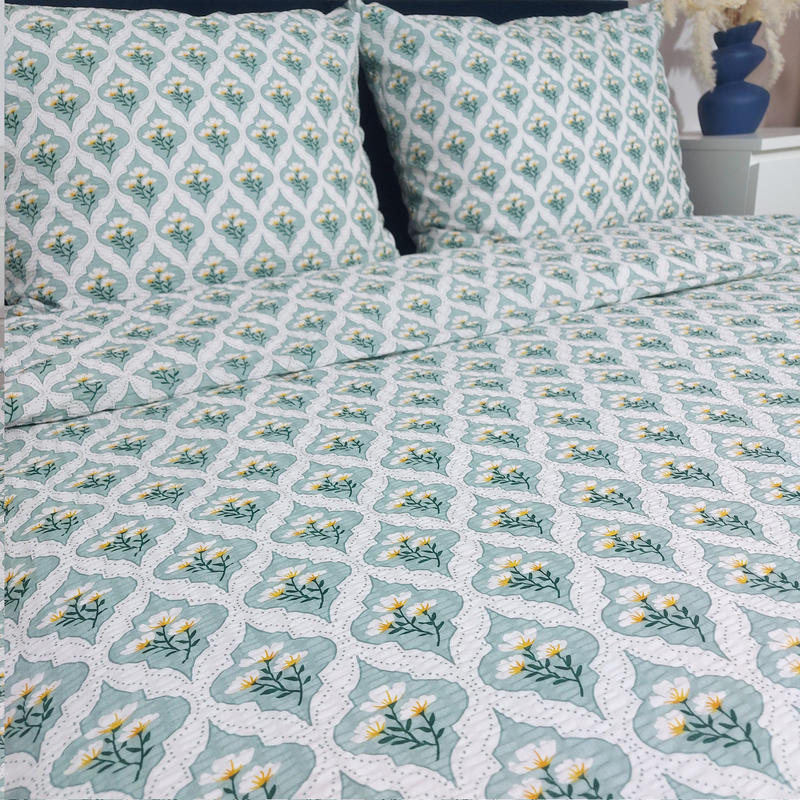 Pościel z kory Kwiaty w medalionach szałwia 200x220